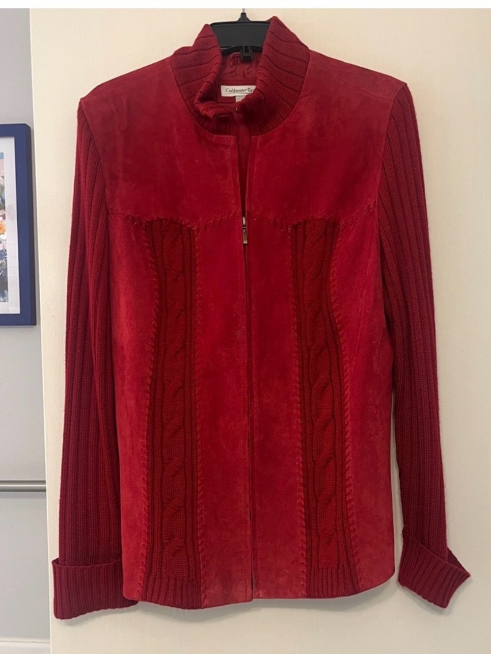 Vintage Coldwater Creek Red Leather Suede & Wool Knit Zip-Front Jacket